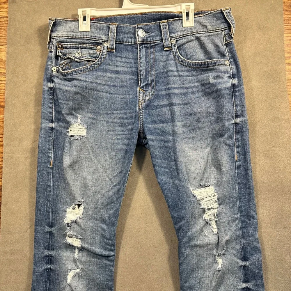 True Religion Jeans Mens 34 Blue Distressed Horseshoe Flap Pocket Excellent